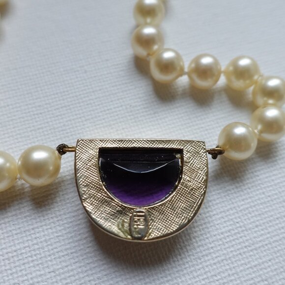 Vintage Faux Pearl Necklace with Purple Stone Accent - Picture 6 of 7